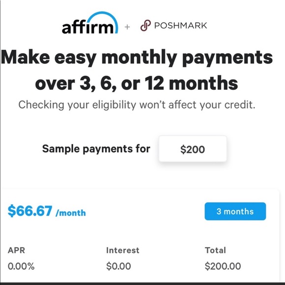 Use Affirm with $200 or more in Poshmark purchases - Picture 2 of 5